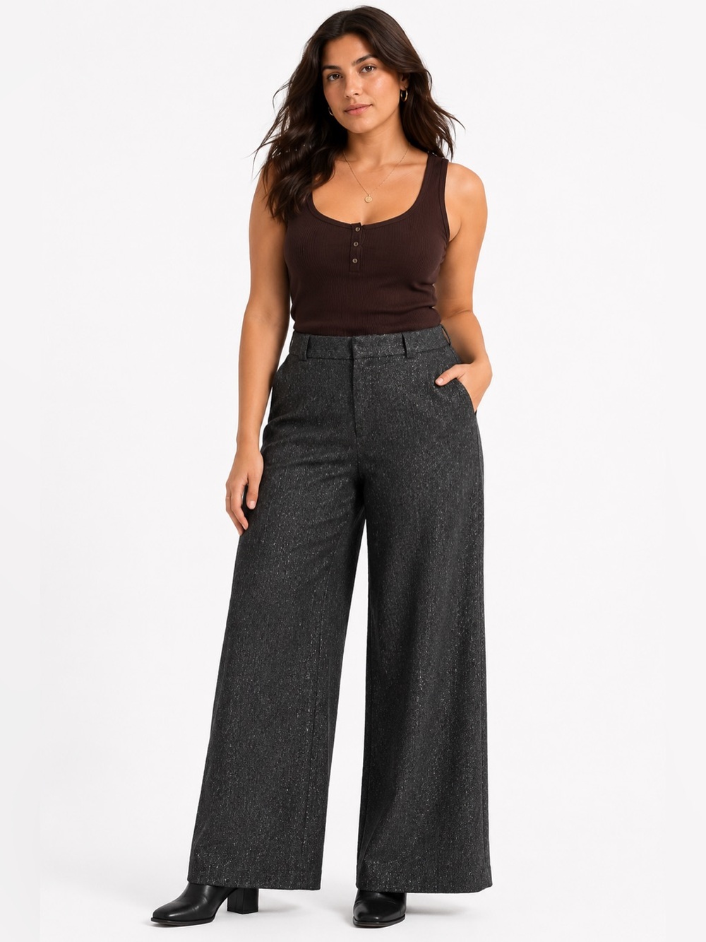Y2K Vintage Alfani Glitter Wide Leg Trouser Pants | Charcoal Gray | Size 10P